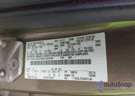 2013 Ford Escape Se z USA, uszkodzony, nr VIN 1FMCU9GX2DUC43098